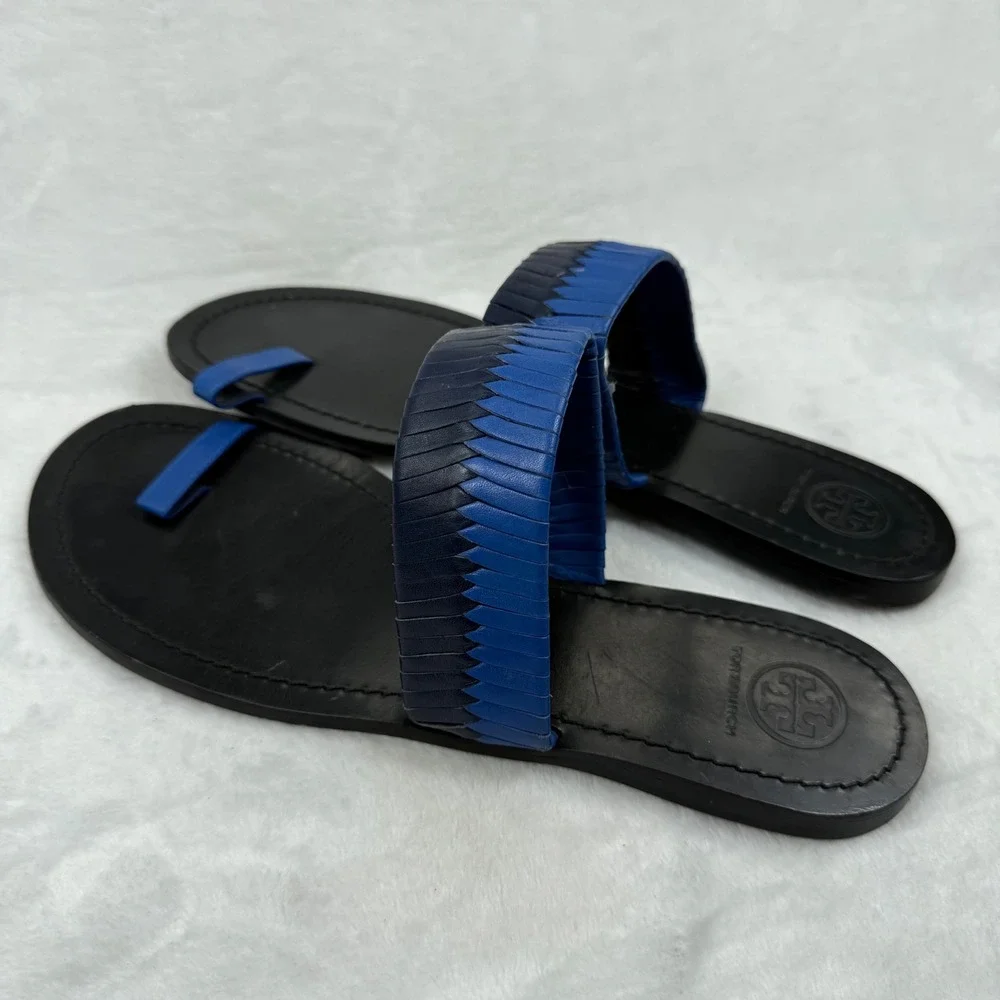 Tory Burch Blue Woven Leather‎ Toe Ring Slide Flat Sandals Womens 8.5 Estimated